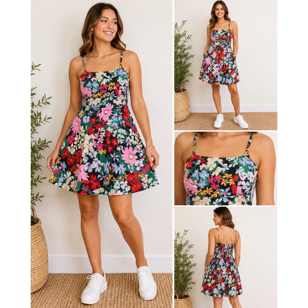 Women's Linen Blend Vibrant Floral Sundress Sz M Strappy Boho Resort Vacation